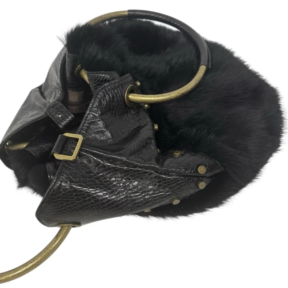 Vintage Adrienne Vittadini Black Black Double Handle Rabbit Fur Handbag Purse
